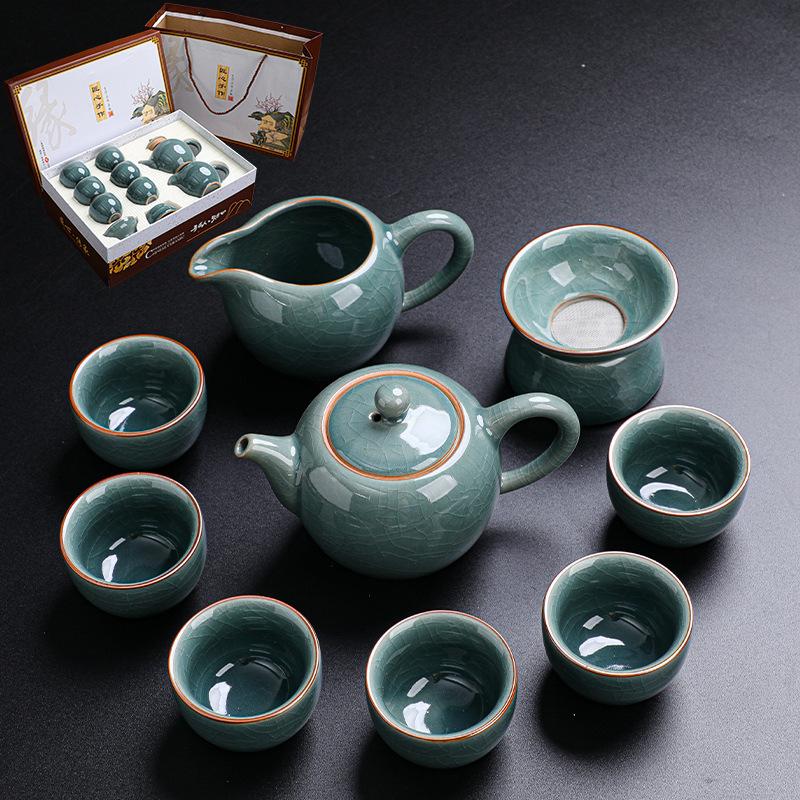 Ge Kiln 10 Head Tea Set Cover Bowl Kung Fu Tea Set Gift Box Teapot Tea Cup Set Business Gift Print