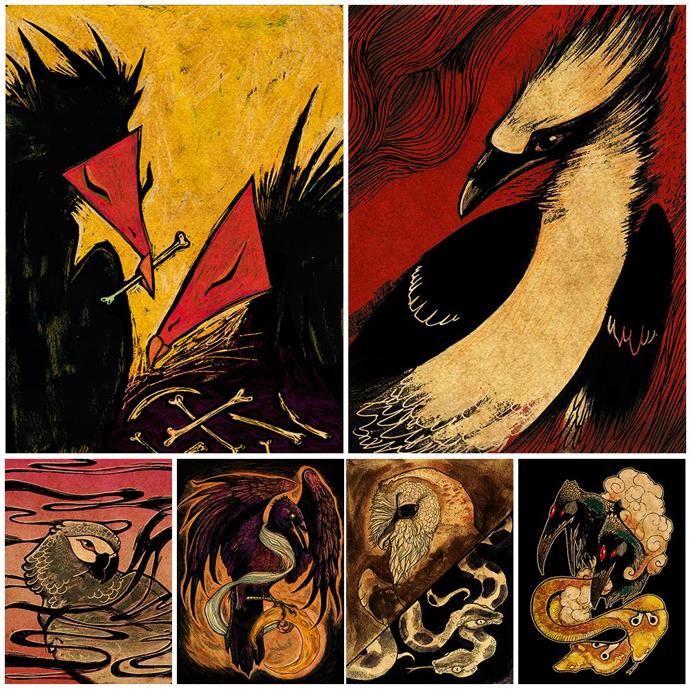 

Ворона Ковбой и Кровавое Сердце Абстрактная Ворона и Луна Картина Маслом Сова и Змея Плакат с Загадочным Животным