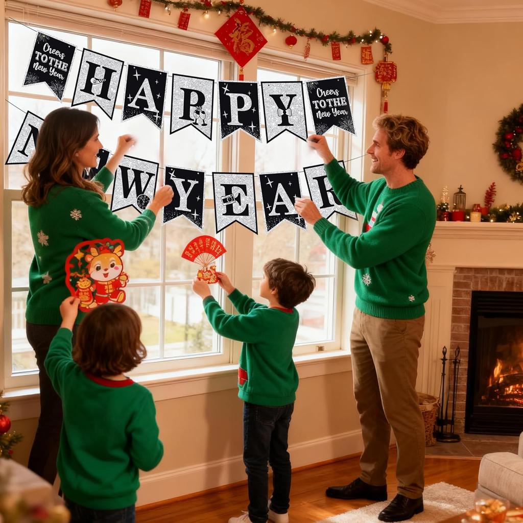 Happy New Year Decorations Hello 2026 Black Silver New Year’s Eve Banner Pre-Strung 2026 NYE Party Backdrop Supplies for Home Office School Public