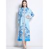 Spring Autumn Women Vintage Print Runway Dresses Full Sleeve Single Breasted Long Maxi Party Dress with Belt