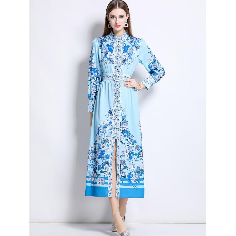 Spring Autumn Women Vintage Print Runway Dresses Full Sleeve Single Breasted Long Maxi Party Dress with Belt