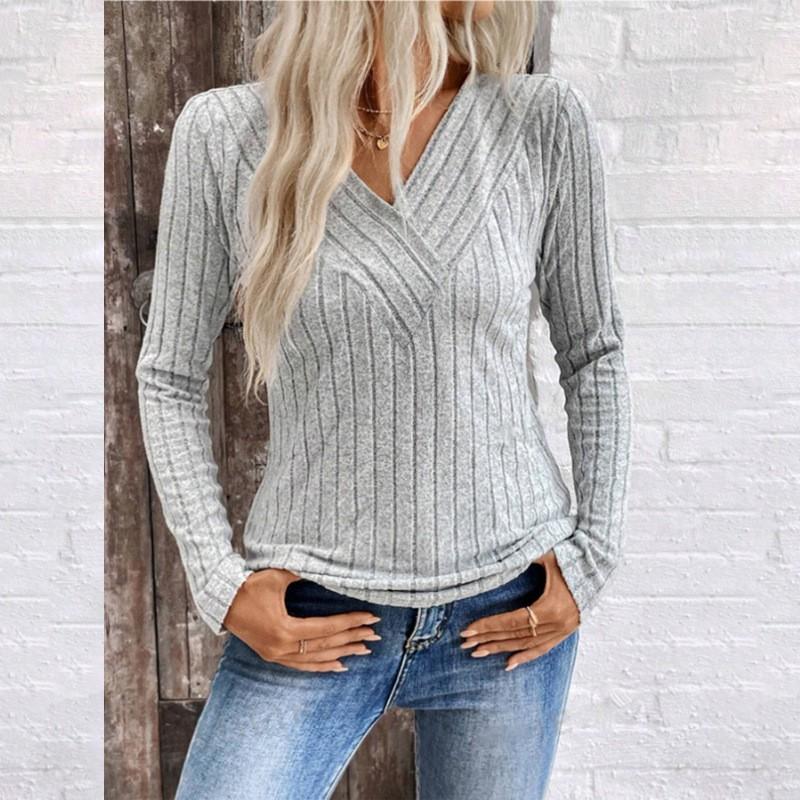Womens V-Neck Long Sleeve Knit Top Casual Pullover Sweater Soft Comfort Fit Regular Cut