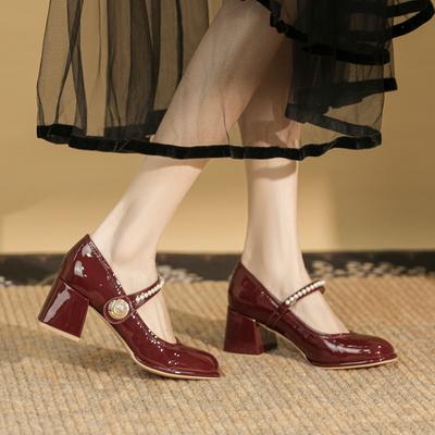 Fashion Luxury Pearl Beaded Strap Mary Janes Woman Block High Heels Shoes Bridal Wedding Pumps Ladies Wedges Tacones Mujer Dress Bombas