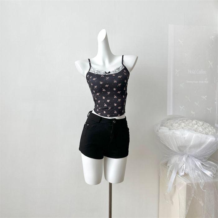 Kwiatowa koronkowa kokarda Pure Desire Kamizelka na szelkach Odzież damska z ochraniaczami na klatkę piersiową Lato Nowy wąski krótki top