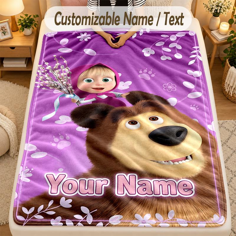 Flannel BlanketMasha and the Bear Custom Name Text Personalized Soft Warm Throw Blanket Home Decor Gift