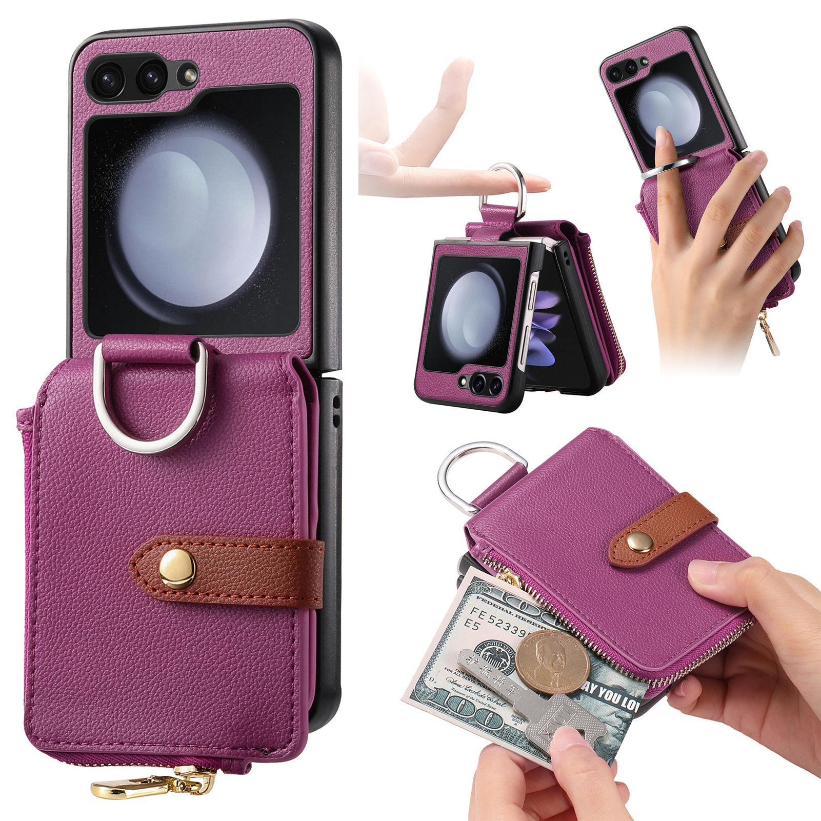 

For Samsung Galaxy Z Flip7 FE 5G/Z Flip6 5G Case Zipper Pocket Leather+PC Phone Cover with Ring Holder Purple
