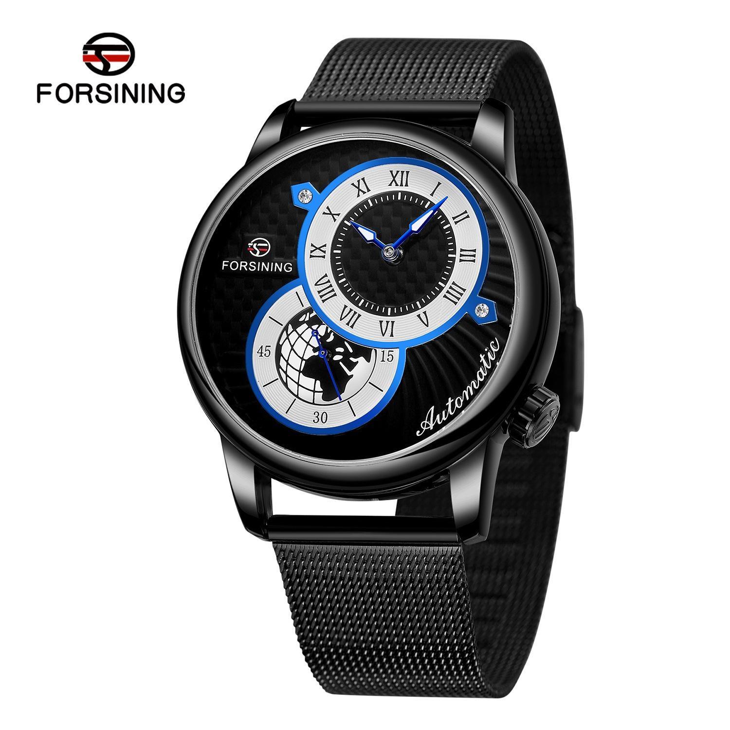 

FORSINING Automatic Mechanical Watches Creative Dual Dial Independent Seconds Dial Men s Watch Stainless Steel Mesh Belt Waterproof Luminous чёрный