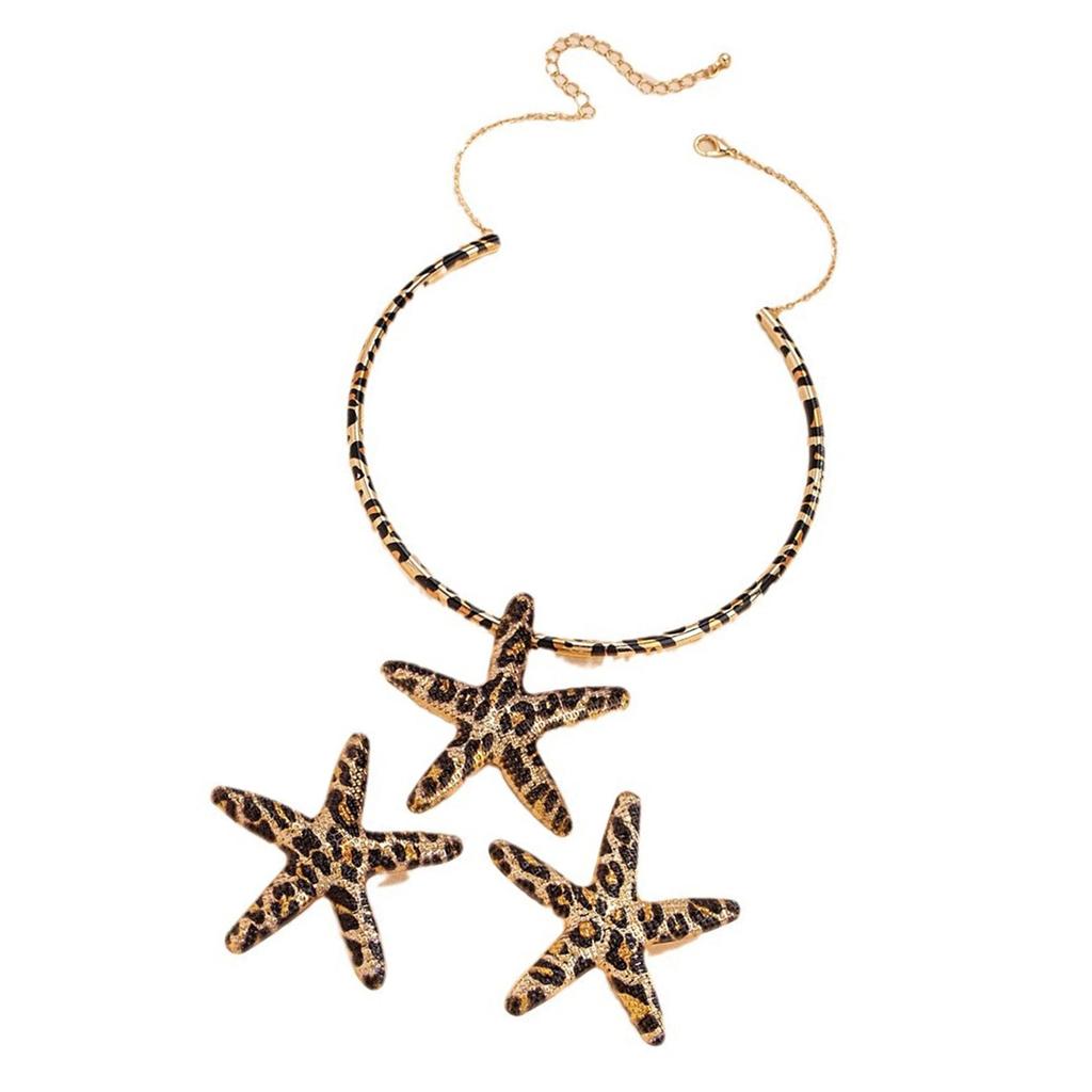 Stylish Leopard Pattern Starfish Necklace and Earring Trendy Women's Jewelry Set Elegant Accessories for Beach Vacations