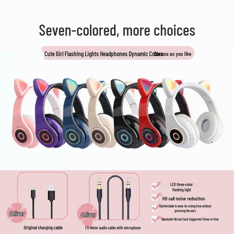 RGB Cat Ear Headband Bluetooth Gaming Headset with Wired Option