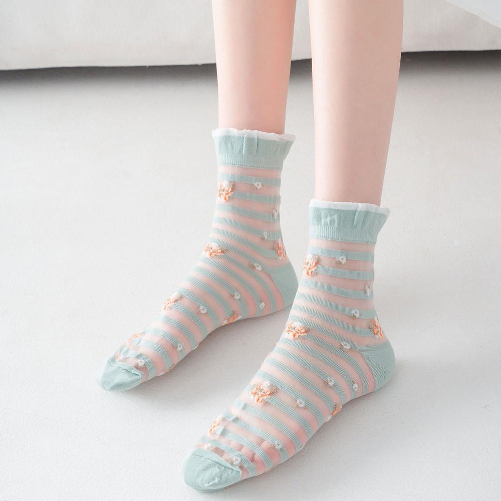 

New Transparent Stripe Streetwear Sweet Korean Glass Silk Women Hosiery Lolita Socks Flower Socks