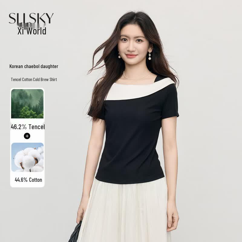 Sllsky Korean Style Color Block Boat Neck Tencel Cotton Short Sleeve T-Shirt S