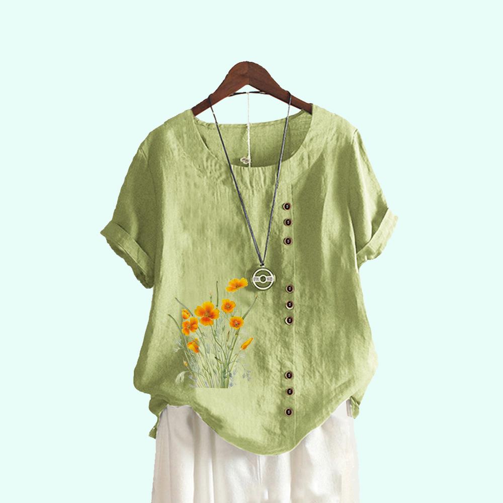 

Женская летняя футболка с коротким рукавом, красивые цветочные принты, повседневные блузки с круглым вырезом, одежда больших размеров XXXXXL зелёный