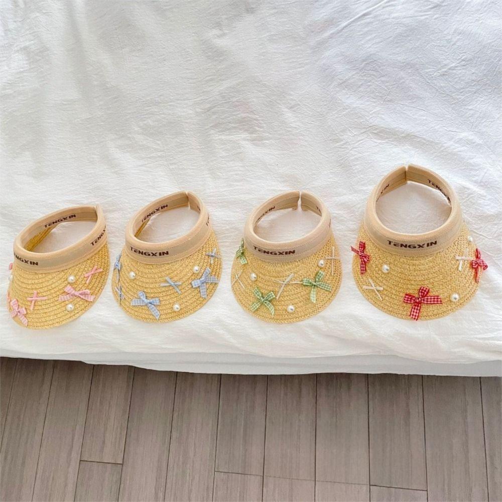 Bowknot Large Brim Sun Visor Cap Wide Brim Empty Top Baseball Cap Kids Summer Straw Hat  Beach