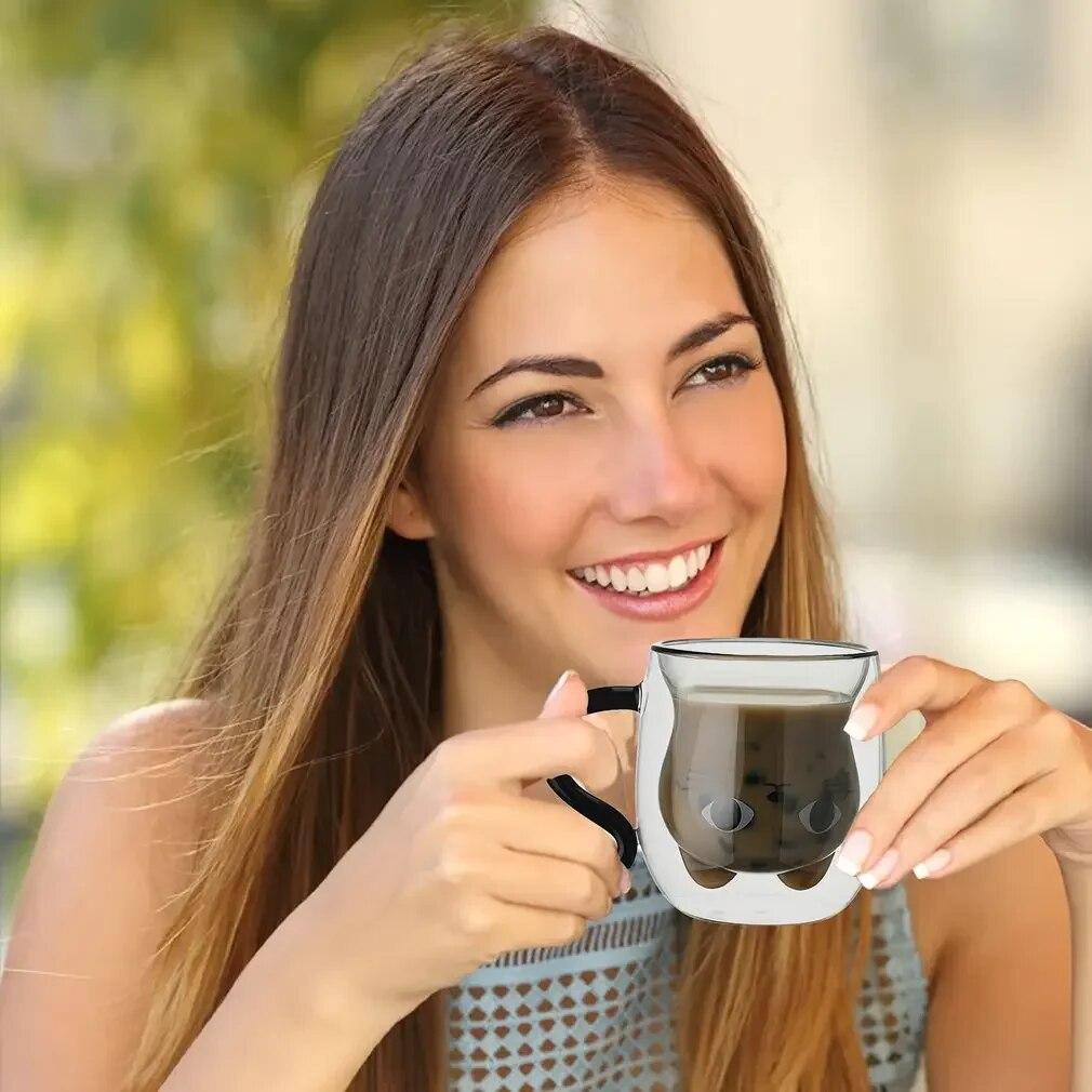 Roztomilý tvar kočky Sklenice na šálek Dvoustěnné izolované sklenice Šálek na espresso Hrnček na kávu Čaj Mléko Nejlepší dárek pro kancelář a osobního přítele