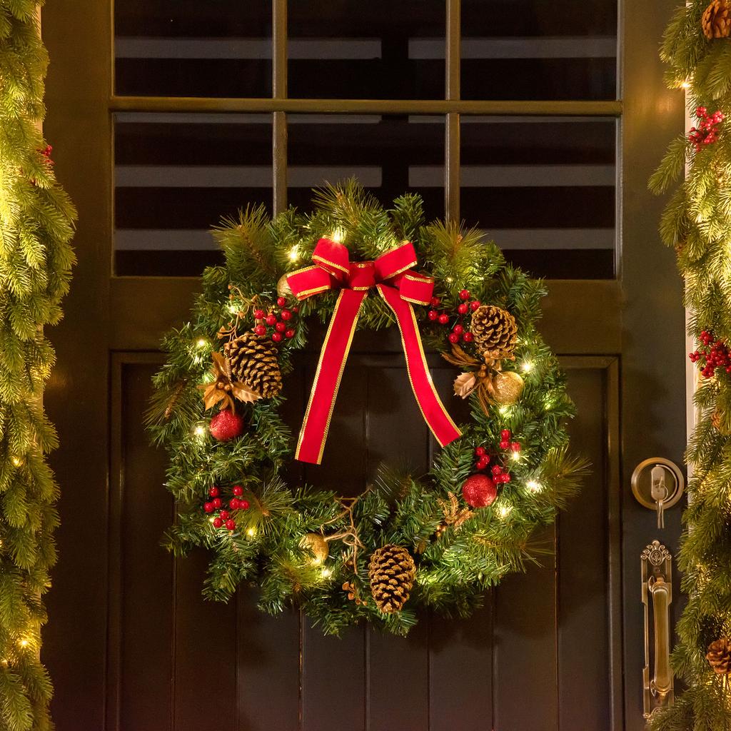 60cm Pre-Lit Artificial Christmas Door Wreath Holly LED Decor Pine Cones Hanging Glittered Festival Indoor Decoration