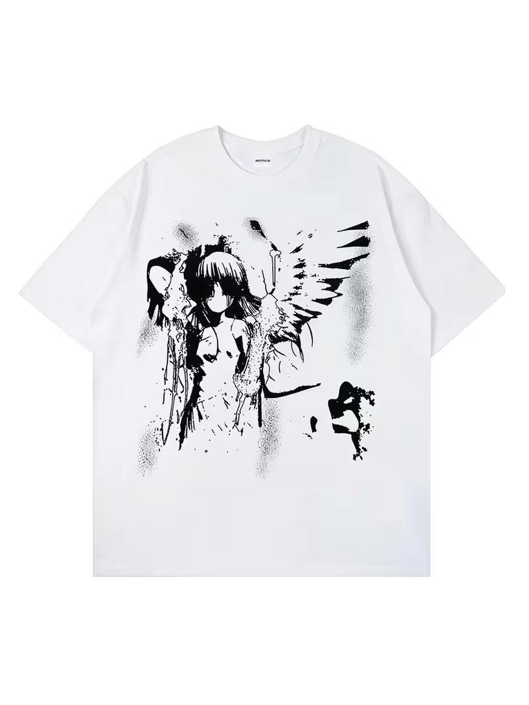 Men'S T-Shirt Made of 100%, 180G, Featuring a White Print of an Angel with Wings