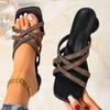 2026 Fashion Round Heel Slippers Summer New Square Toe Open Toe Cross Crystal Slim Strap Slip Anti-slip Women's Kitten Heels