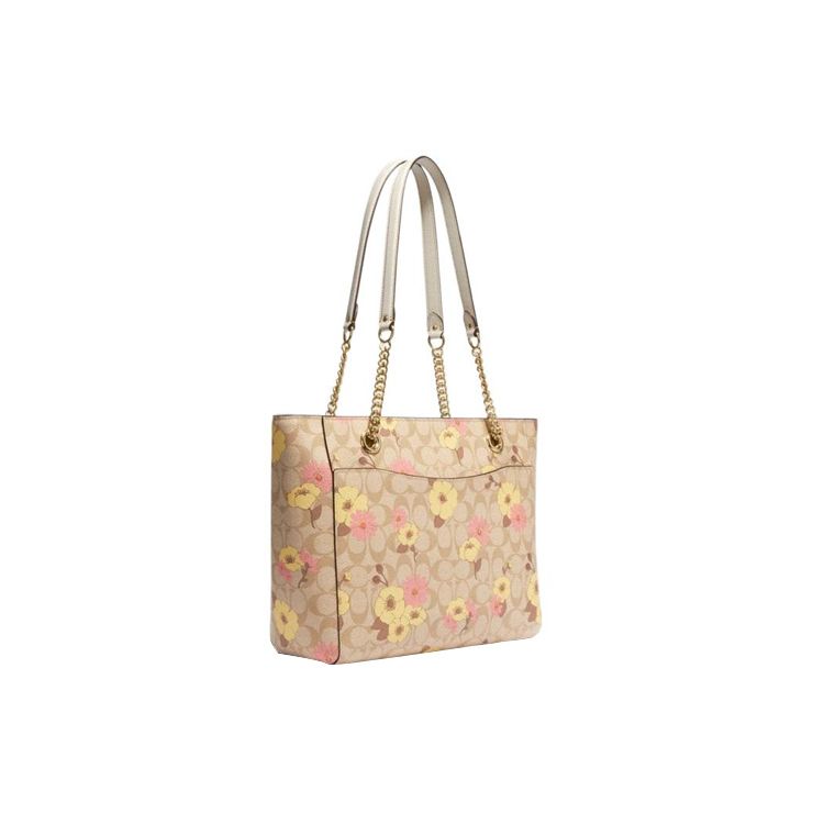 Coach Cammie 32 Gold Letter Logo Floral Cluster Print Classic Monogram Coated Canvas And Leather Tote Bag Women Tote Bags Khaki CH545-IMOT4