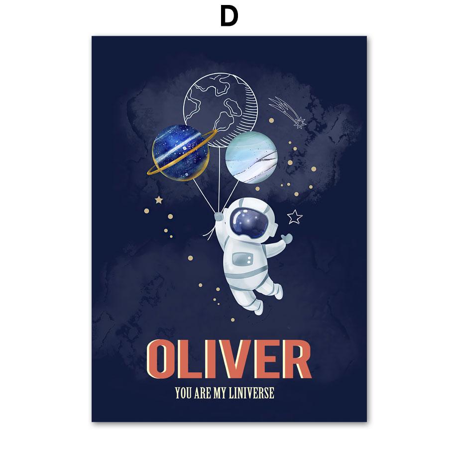 Custom Boy Name Space Rocket Astronaut Alphabet Nursery Wall Art Print Canvas Painting Nordic Poster Decor Pictures Kids Room