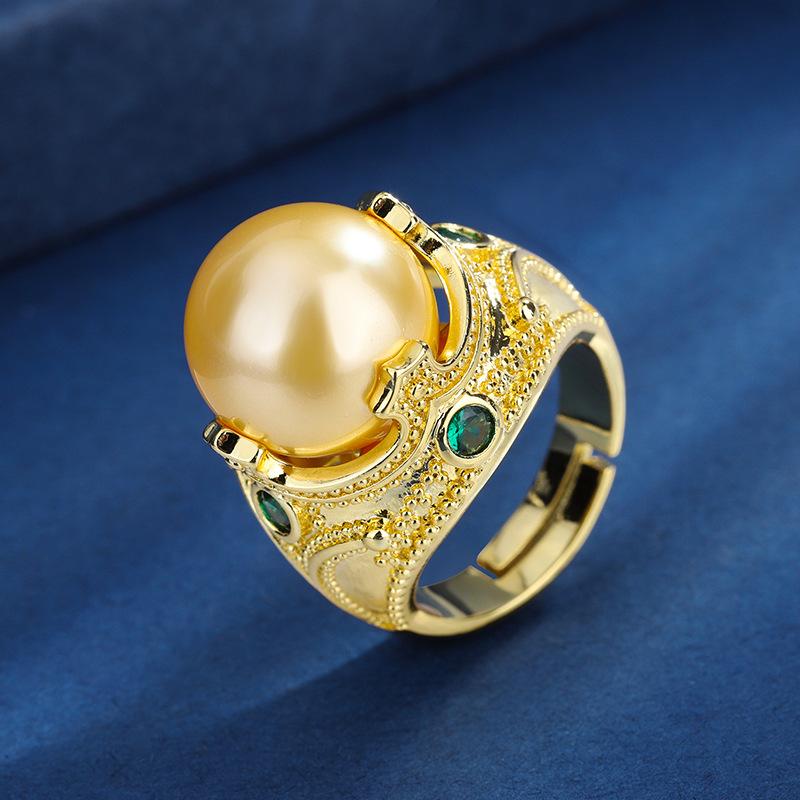 

Jewelry Copper Bottom Gold-Plated Bead Light Gold Retro Diamond-Set Pearl Ring 14Mm