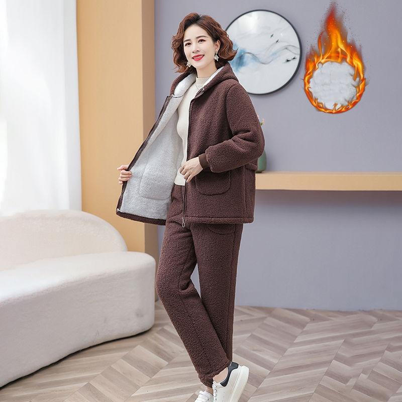 Mother Winter Plus Velvet Thick Cotton-padded Suit, Women's Fashion Temperament, Windproof and Warm Cotton-padded Trousers, Two-piece Suit