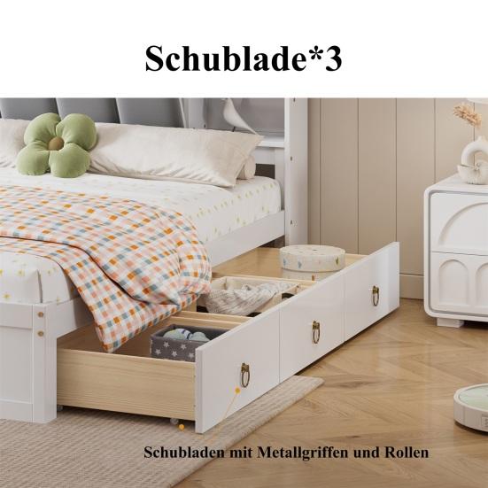 Modular Bed Double Bed, Open Shelf, Three Drawers with Castors, Metal Adult Handles, Storage Compartment Drop-Down Door, Pine Frame Soft