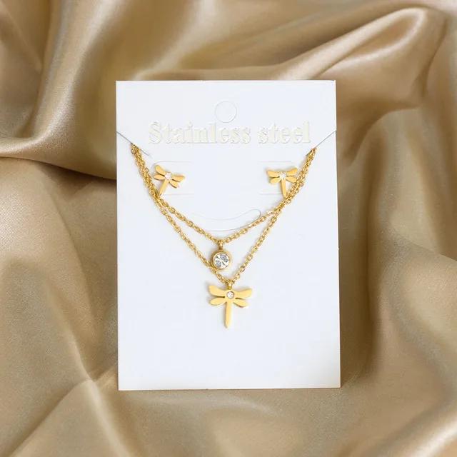 Double Chains Necklace And Earrings Zircon Sets Female Wedding Party Cubic Zirconia 316L Stainless Steel Pendant Zircon Gifts