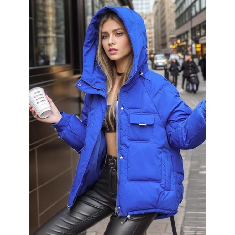 Giacca invernale da donna con cappuccio Taglia grande Imbottita in piuma e cotone Multi-tasche Corta
