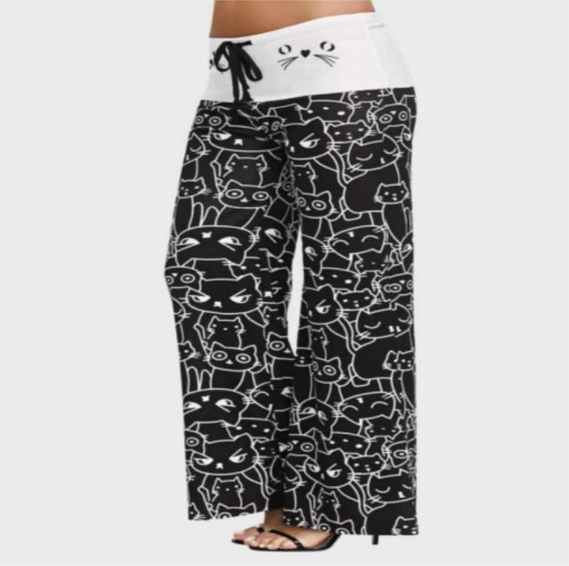 Pantaloni Casual Larghi da Donna alla Moda con Stampa di Gatti Cartoni Animati, Pantaloni Leggeri Estivi