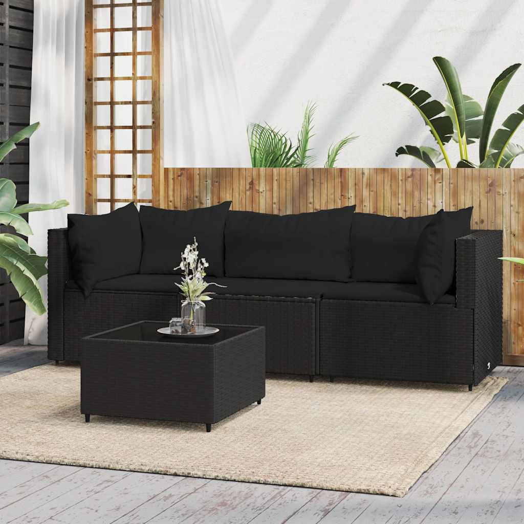 4 Piece Garden Lounge Set with Cushions Black Poly Rattan