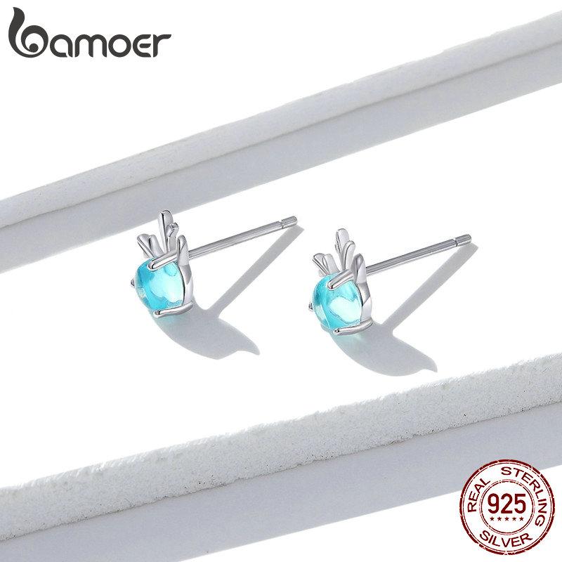 bamoer Crystal Stone Deer Stud Earrings For Girls Party Accessories 925 Silver Animal Antler Earring Lady Fashion Jewelry BSE210