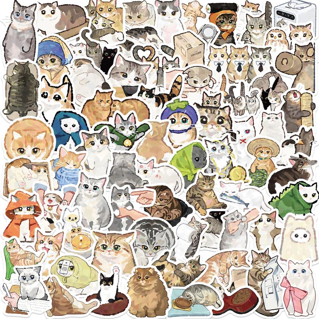 77 Cartoon Watercolor Cat Doodle Stickers Decorate Guitar Notebook Suitcase DIY Waterproof