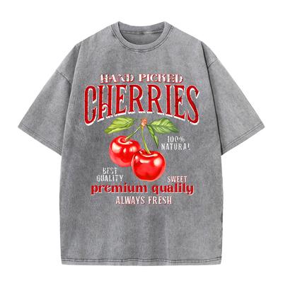 Women Cotton Washed T-Shirts Fashion Loose O-Neck Tops Hand Picked Cherries Printing Short Sleeve Summer Street Female Clothes
