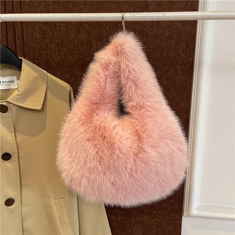 Luxury Soft Plush Half Moon Bag Faux Fur Fluffy Lady Handbags Female Winter Purse Party Clutch Bag Casual Tote Bag