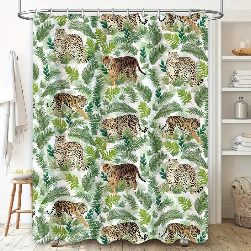 Wildlife Shower Curtain Animal Print Green Leaves Tiger Leopard Print Shower Curtains Modern Home Decor Waterproof Bathroom Acce