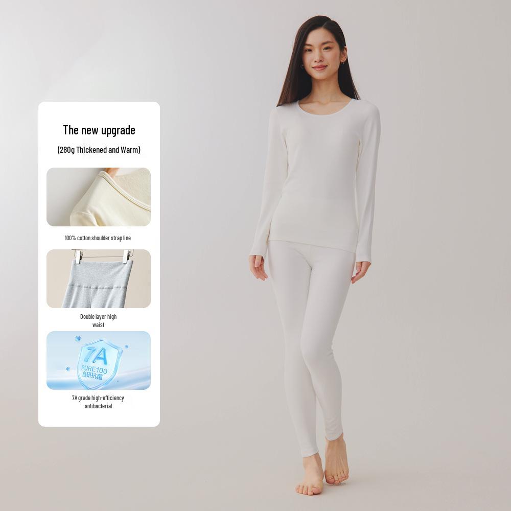 Women's Plus Size Double-Sided Flannel Underwear Set - Pure Cotton, Thick Round Neck Base Layer for Autumn and Winter