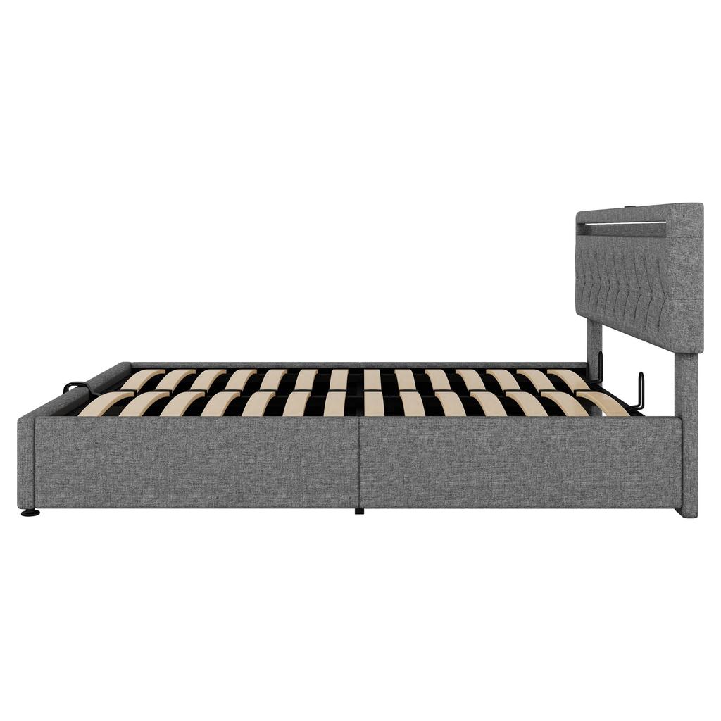 Upholstered Bed 160x200cm Hydraulic Double Bed Slat Base Headboard Outlets Ambient Lighting Storage Space Adults Teenagers Without Mattress Grey