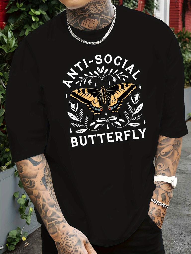 European Size Men'S Casual Crew Neck T-Shirt, Unsociable Butterfly Print, Short Sleeve, Regular Fit, Breathable Knit Fabric, Summer Fashion Top