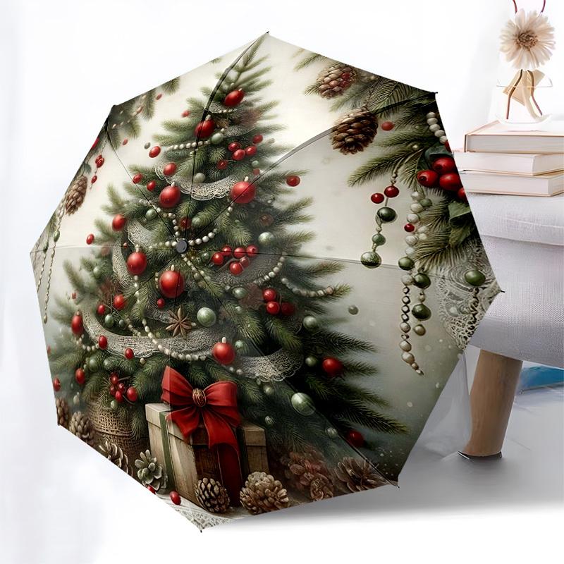 

1pc Christmas Tree with Presents and Berries, Auto Open Close Umbrella, Portable Tri-Fold Design, 8-Bone Iron Frame Outdoor Umbrella, Festive Gift for