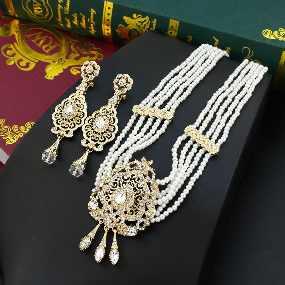 Gold Farbe Perlen Kette Halsband Halskette Kristall Braut Schmuck Set Tropfen Ohrring Frauen Hochzeit Bijoux