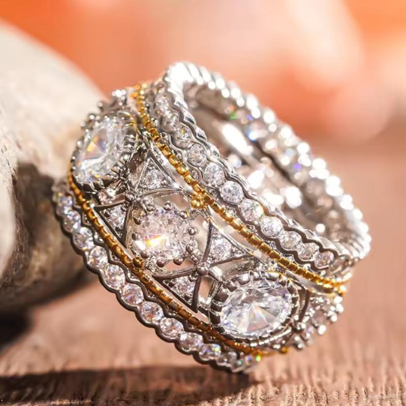 Gorgeous Bright Zirconia Finger Ring Female Luxury Wedding Band Two-tone Style Accessories Fashion Delicate Lady Jewelry