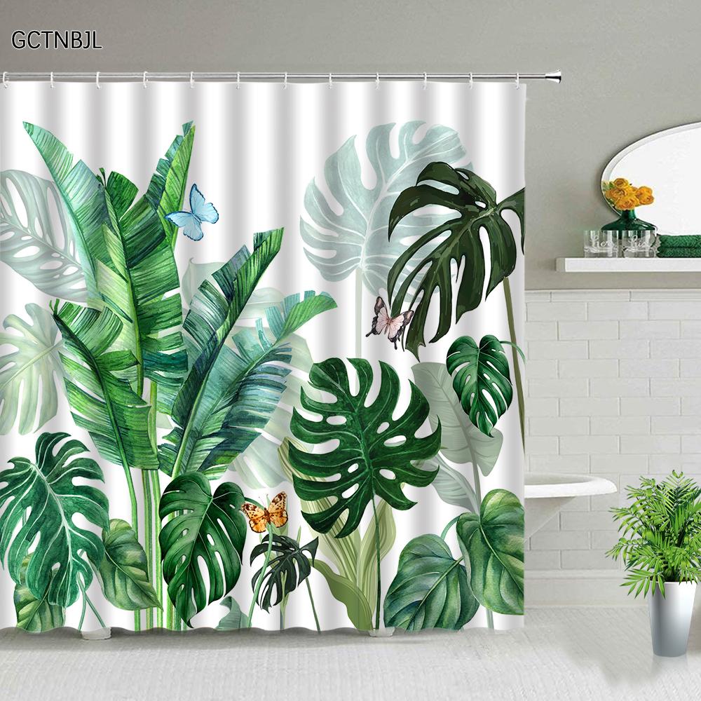 Tropical Palm Leaves Shower Curtain Set Green Plant Leaves Leaf Pumpkin Red Truck Halloween Christmas Decor Bathroom Curtains