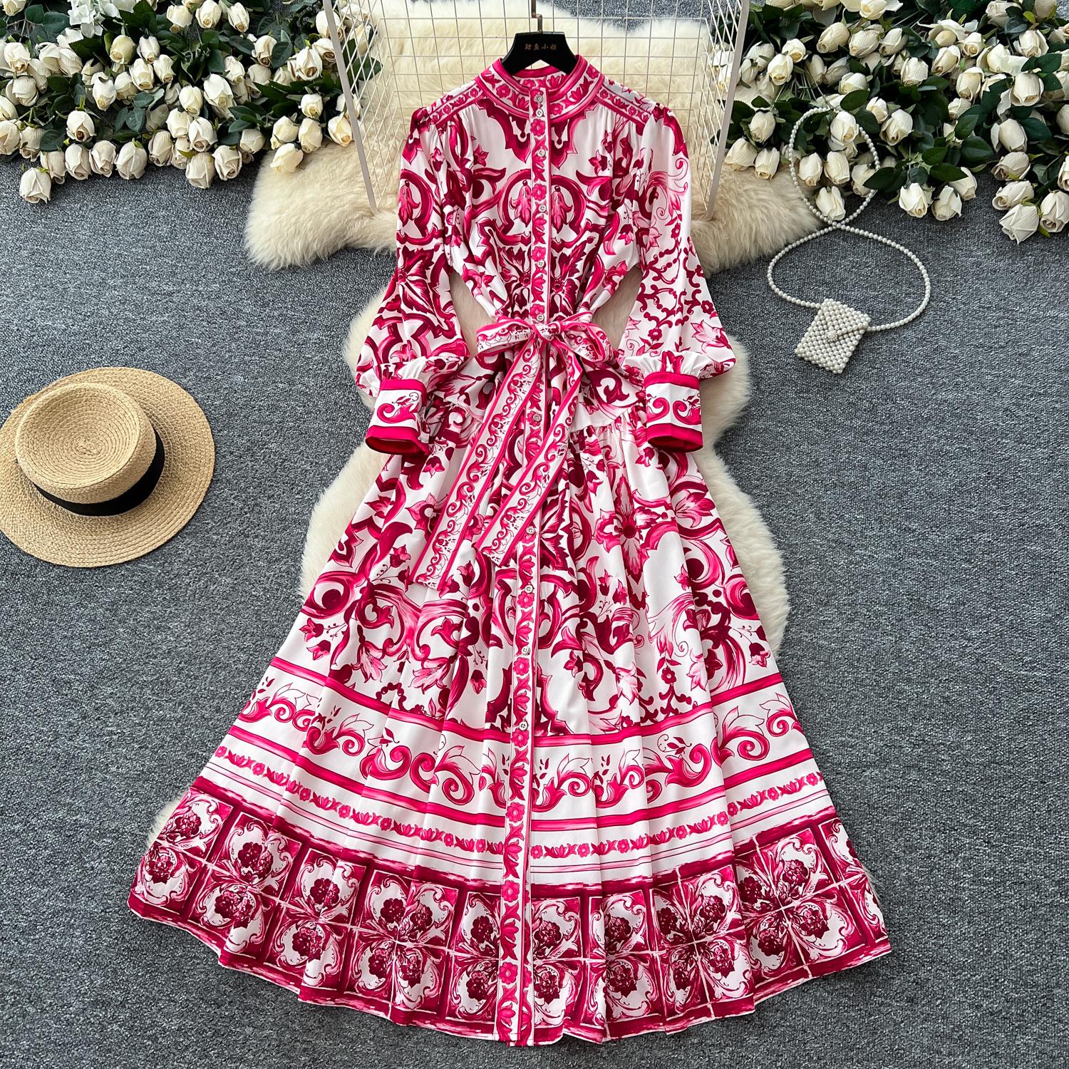 

Шикарное винтажное сексуальное платье с длинным рукавом, принтом, сборками, пуговицами, приталенное, элегантное, сказочное, в корейском стиле, бохо, сарафан, женская одежда, длинное платье XXL красный