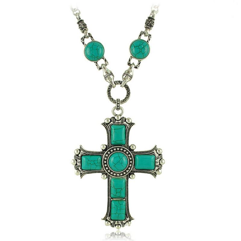 Vintage Cross Pendant Necklace Men Women Turquoise-Inlaid Alloy Snake Chain Statement Jewelry