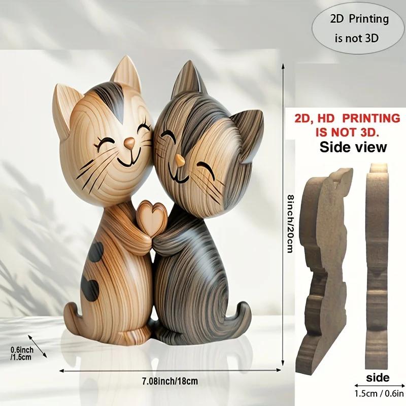 1PCS  2D Flat Print - Handmade Kitten Couple Wooden Sculpture, Charming 2D Gift for Cat Lovers