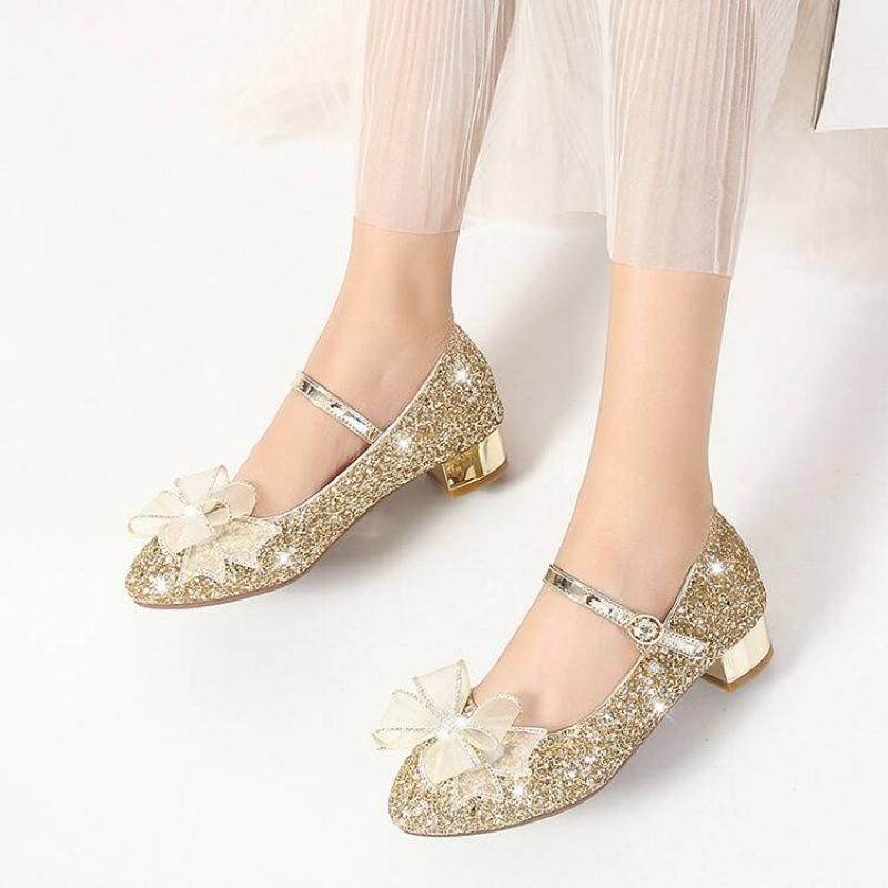 New Middle-aged Children's Soft Leather Princess Shoes Comfortable Sequins Buckle Girl Student Bow Show Catwalk Children's Single Shoes