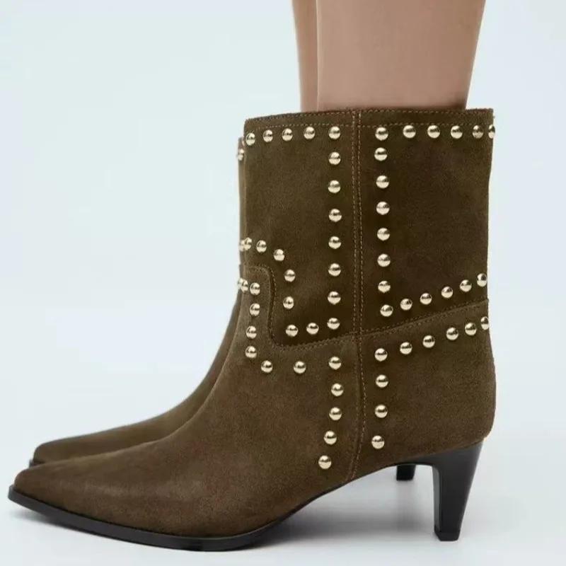 New Style Popular Autumn and Winter Rivet Fashion High Heel Pointed Loose Boots Women's Cowhide Knee High Sleeve Oversized Boots