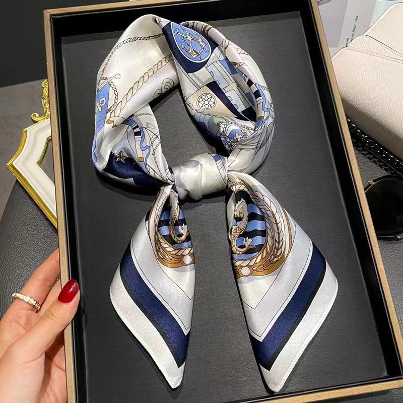 High-End Women's Lightweight Silk Square Scarf - Temperament Print Neckerchief for Neck Protection and Decoration.
