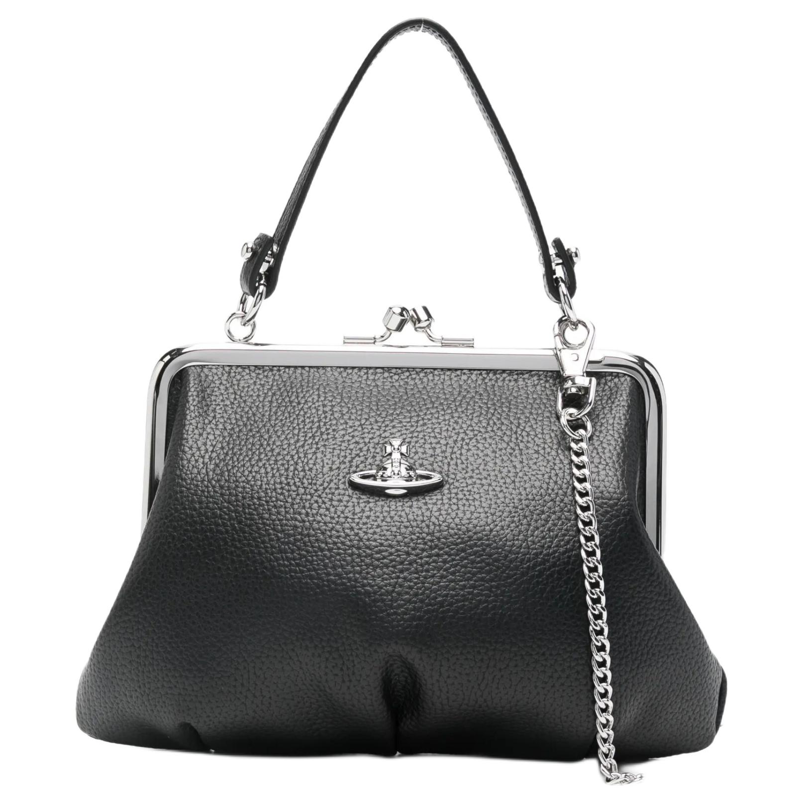 Vivienne Westwood Granny Frame Logo Metal Chain Leather Shoulder Tote Bag Women handbags Black 4B010007WS000DN403 Basic Set (Bag+Dust Bag)