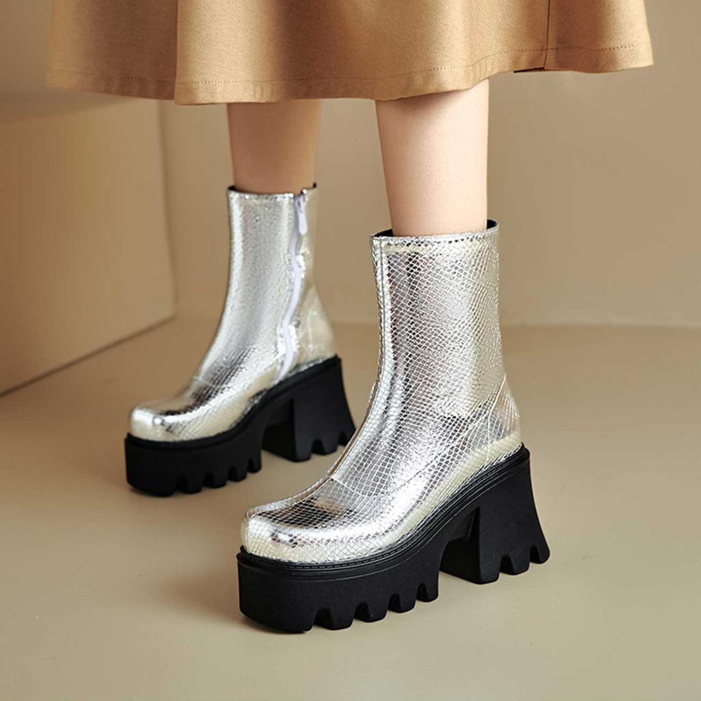 Party Women'S Boots Platform Chunky Mid Calf Boots Ankle Booties Motorcycle Side Zipper Boot For Womens Botines Para Mujeres